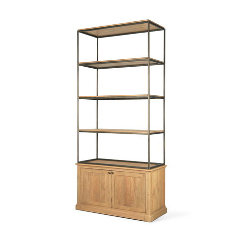 Baron Light Brown Wood with Gunmetal 2-Door Open Shelving Unit