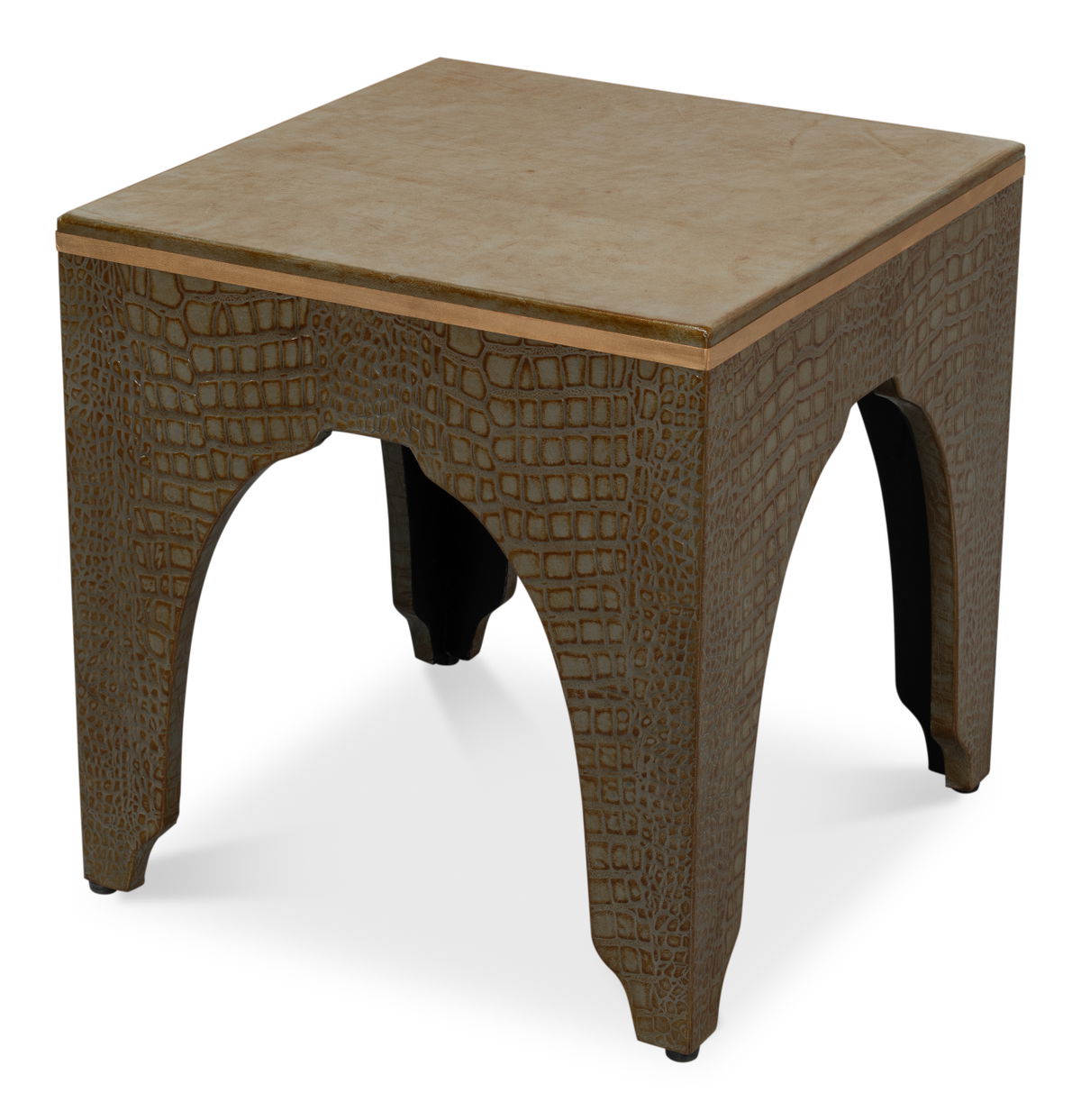 Croco Embossed Leather Stool  Ant. Green, by Sarreid, 1'6" length x 1'6" width x 10" height View 1