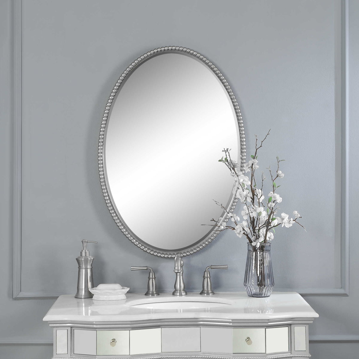 Sherise Brushed Nickel Oval Mirror, by Uttermost, 22" width x 32" height x 1.75" depth View 2