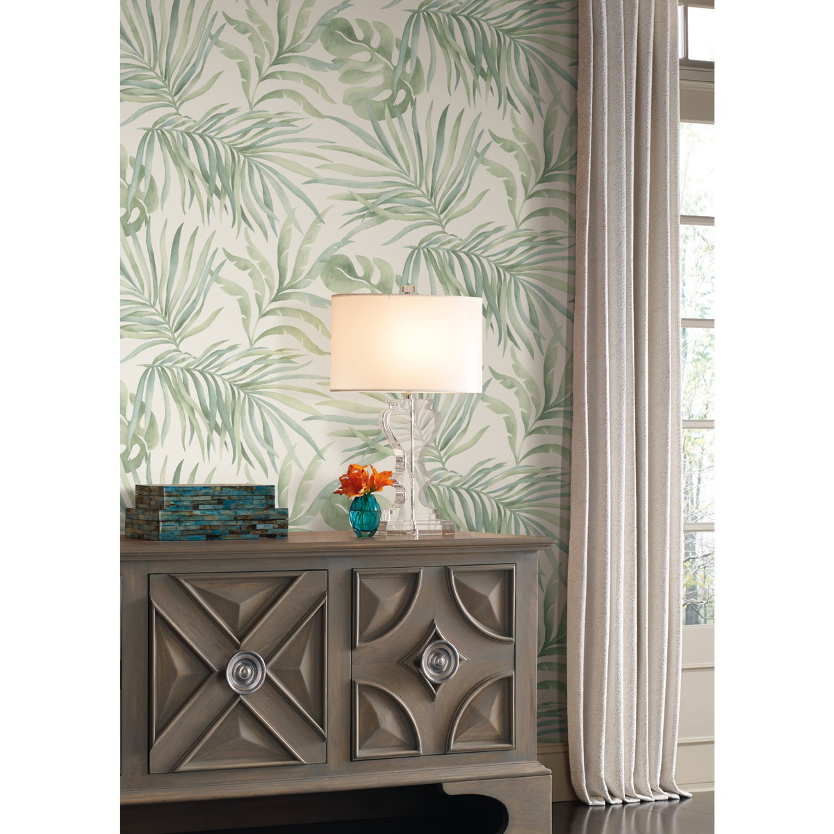 Paradise Palm Light Green Wallpaper, by York Wall, 27' length x 2'3" width x 0.02" depth View 2