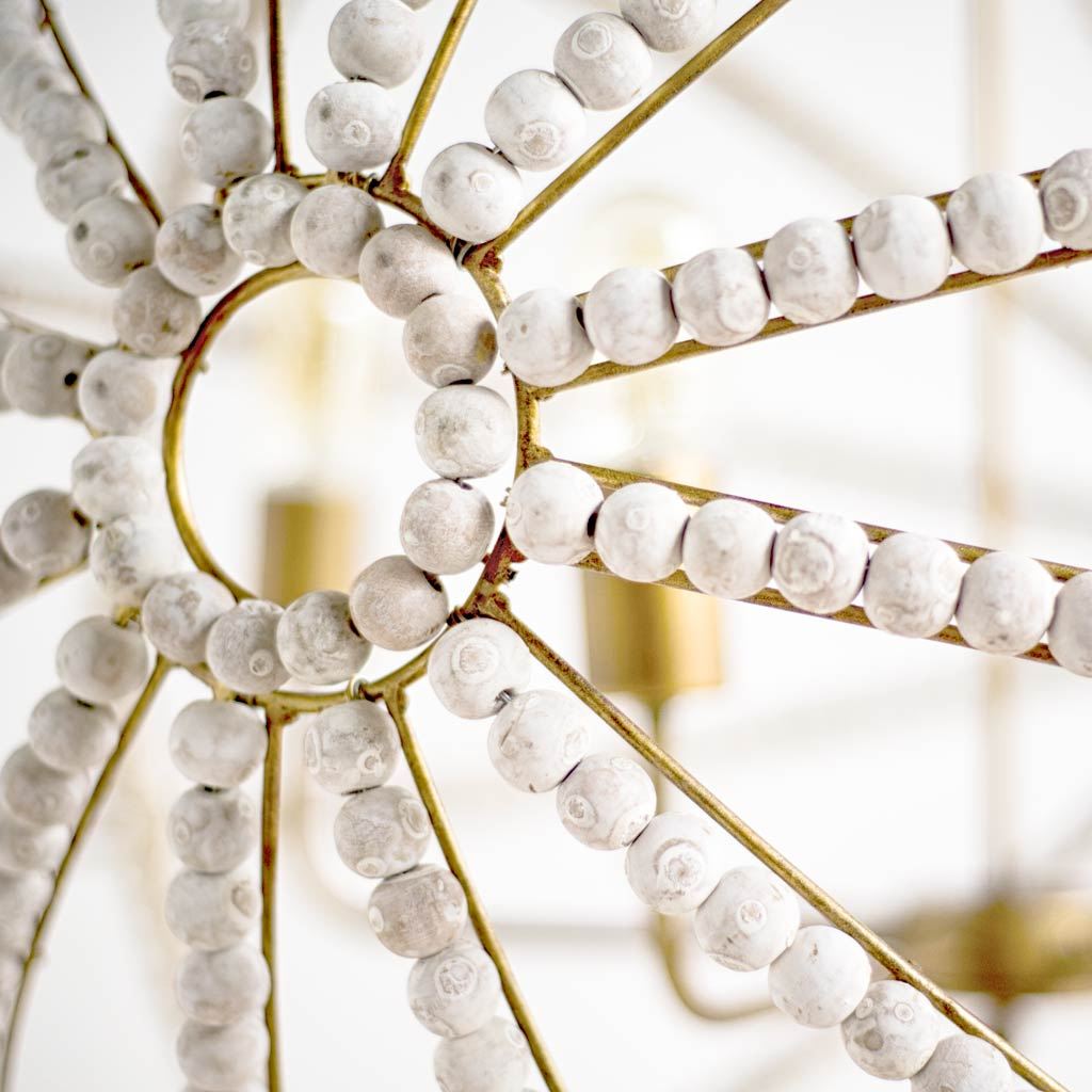 Ava White (34'D) Gold Metal and White Wood Beaded Six Bulb Chandelier, by Mercana, 34" length x 34" width x 34" height View 8