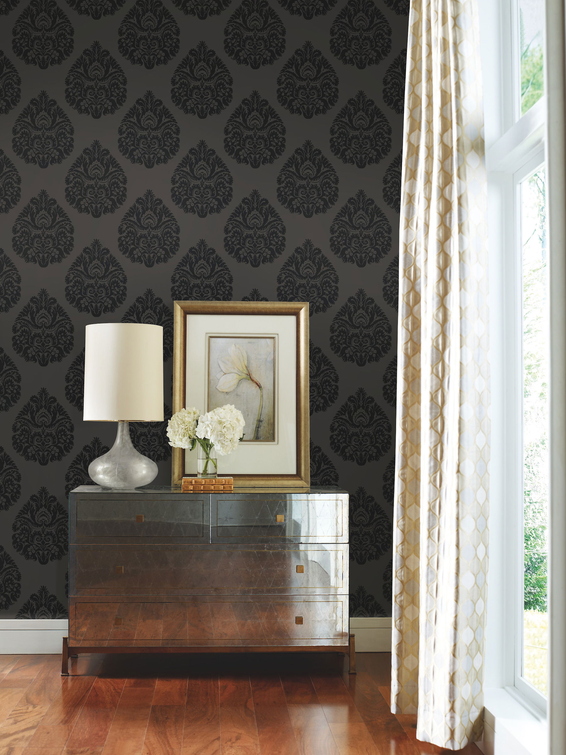 Teardrop Damask Black Wallpaper, by York Wall, 27' length x 2'3" width x 0.02" depth View 2
