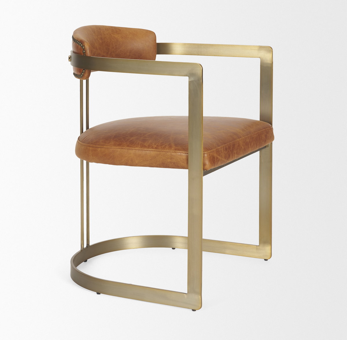 Hollyfield I Brown Leather Seat Gold Iron Frame Dining Chair, by Mercana, 20.5" length x 21.5" width x 29.5" height View 11