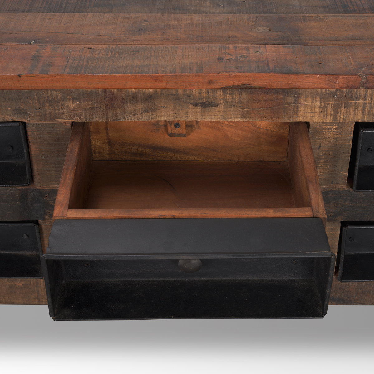 Wilton Brown Wood with 12 Black Metal Drawers Coffee Table, by Mercana, 48" length x 28" width x 18" height View 12