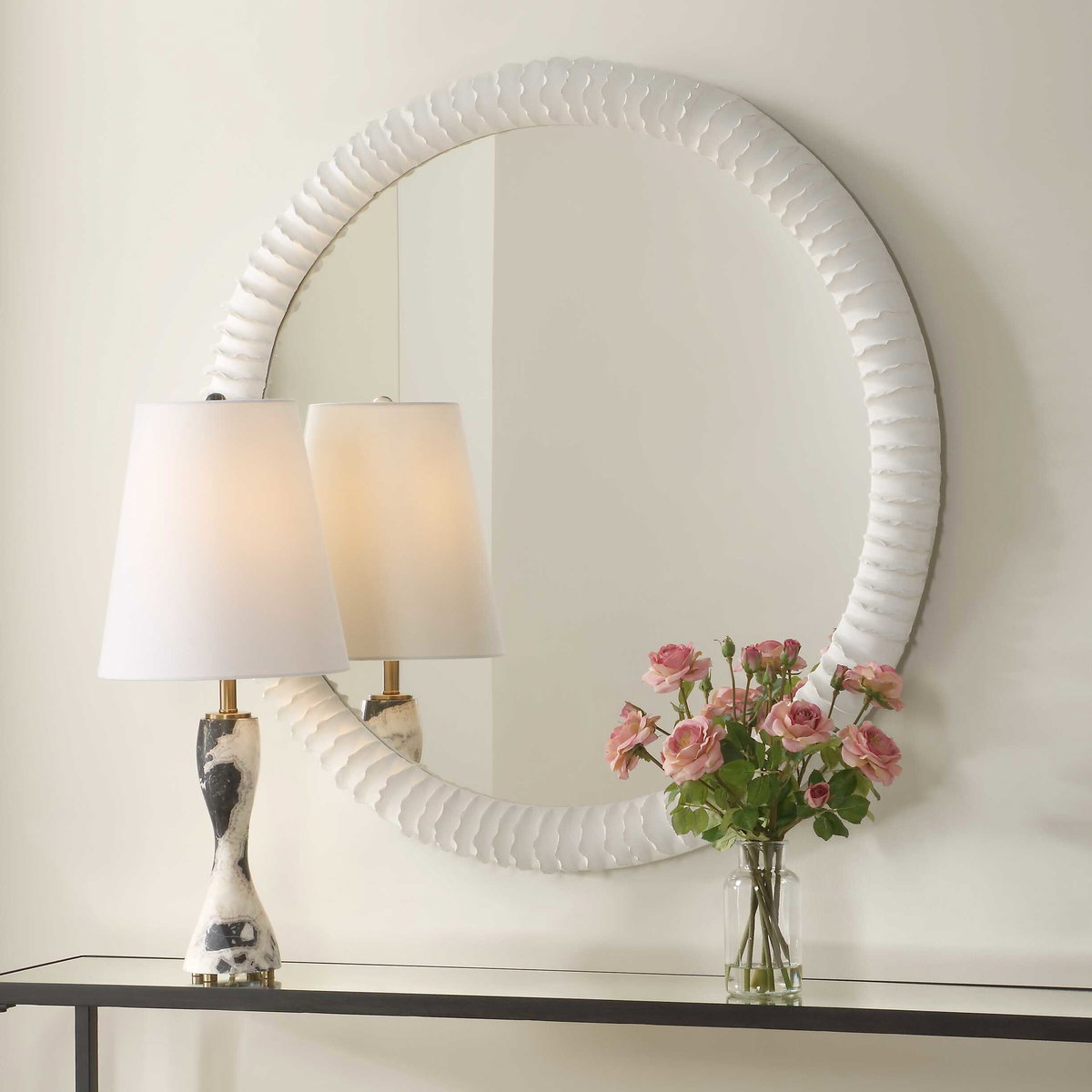 Akiko White Round Mirror, by Uttermost, 35.5" width x 35.5" height x 2.75" depth View 4