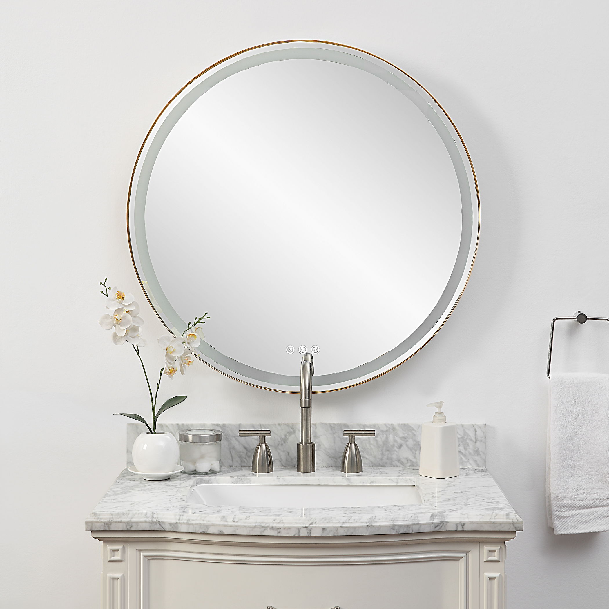 Crofton Lighted Brass Round Mirror large image 