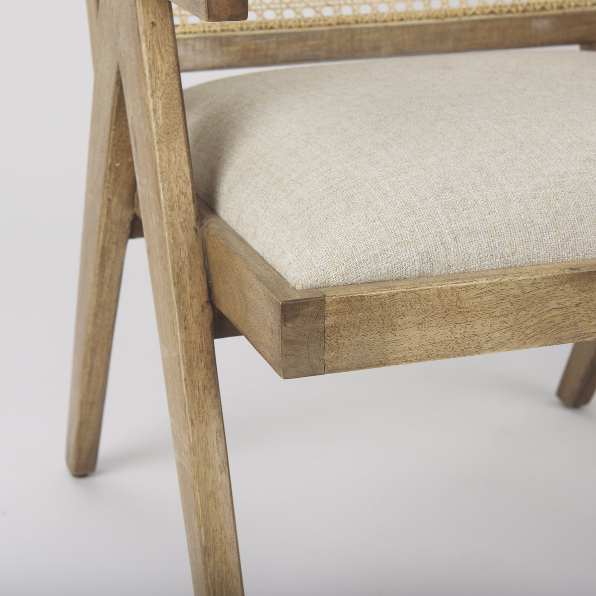 Donna Cane Back Dining Arm Chair | Light Beige Linen with Mango Wood, Dining Chair by Mercana, 21.65" length x 21.65" width x 29.52" height View 12