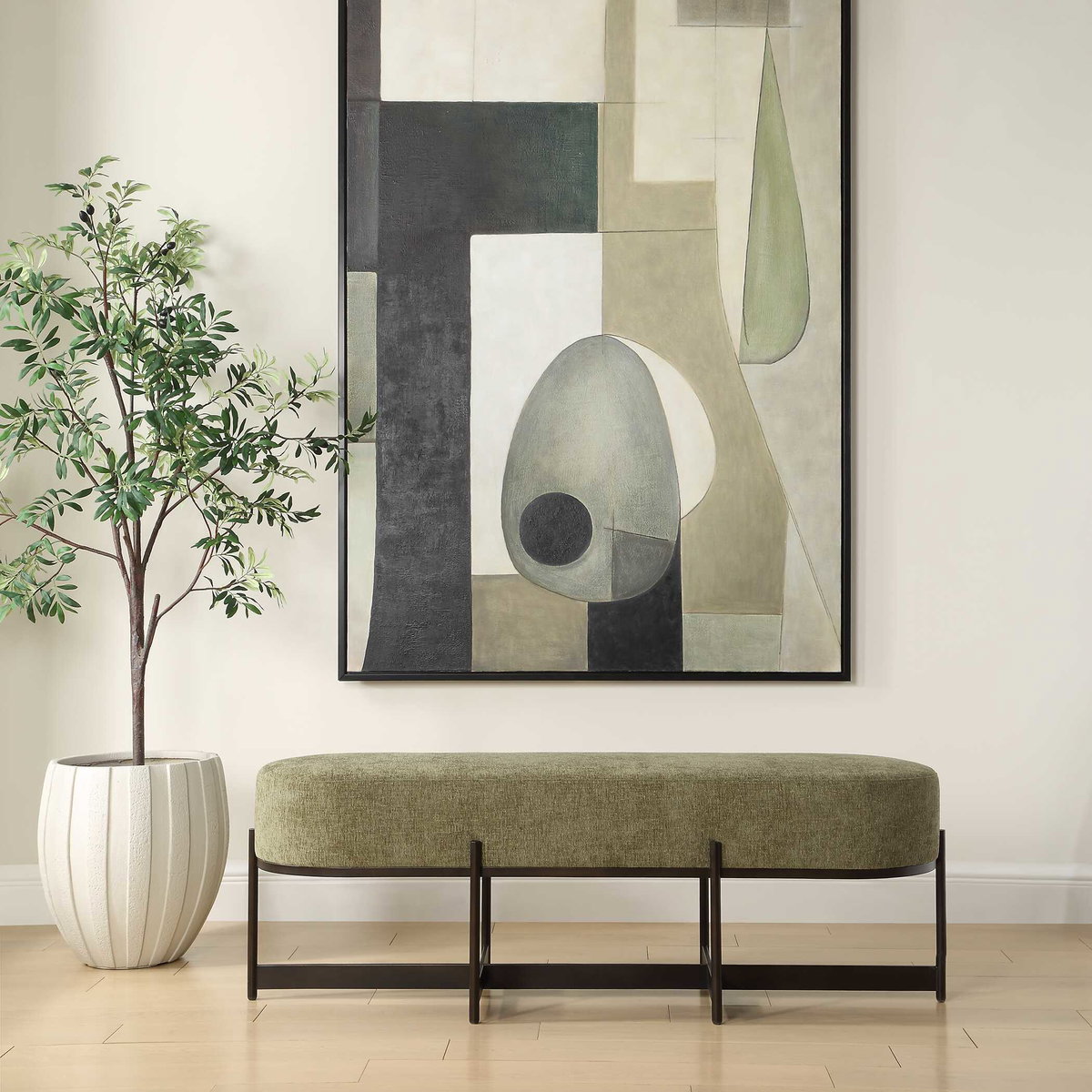 Merino Moss Fabric Bench, Benche by Uttermost, 56.5" width x 19" height x 17.6" depth View 2