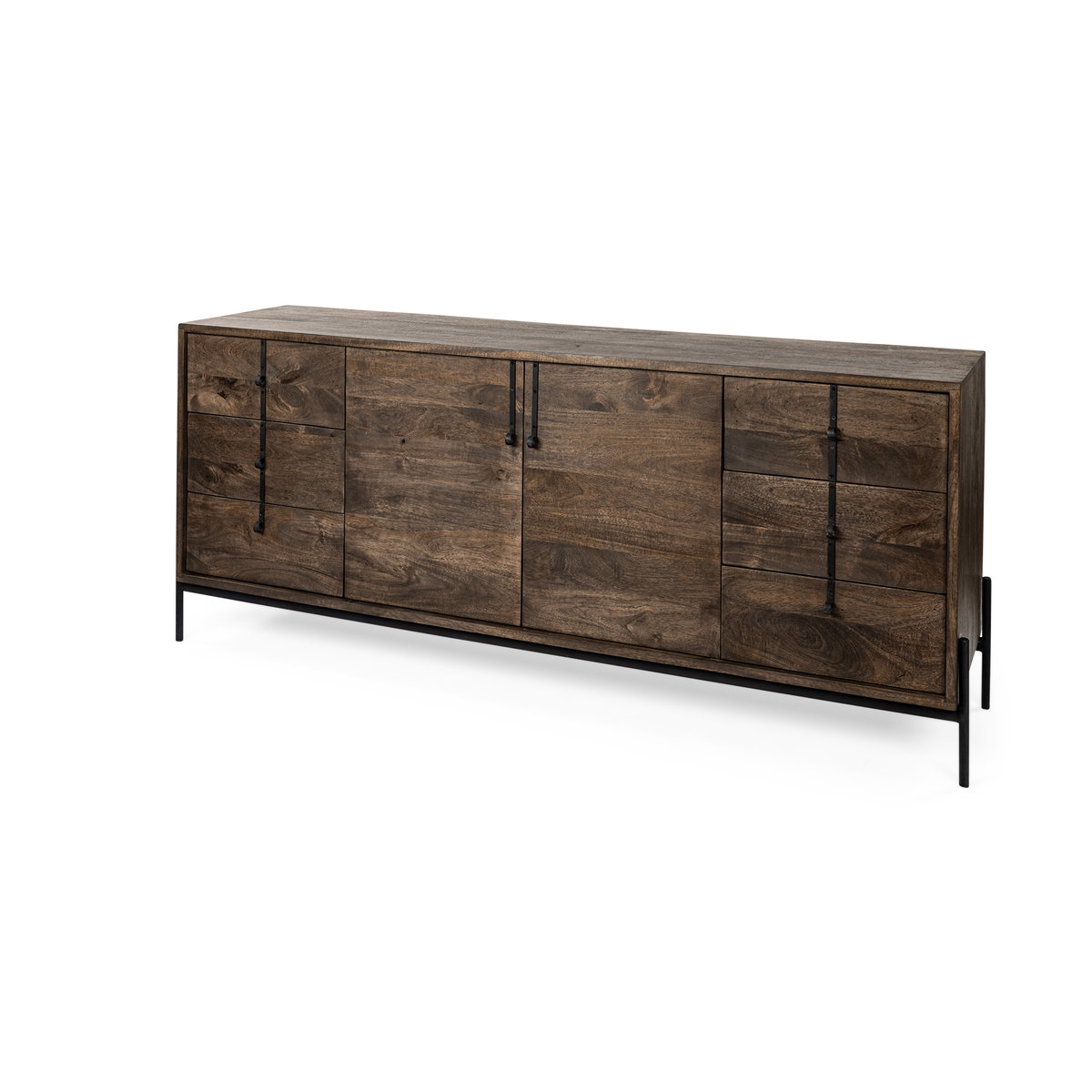 Glenn VI 71.5x18 Dark Brown Wood Frame with Black Iron Accent, 6 Drawer, 2 Door Cabinet Sideboard, Sideboards & Buffet by Mercana, 71.5" length x 18" width x 30" height View 1