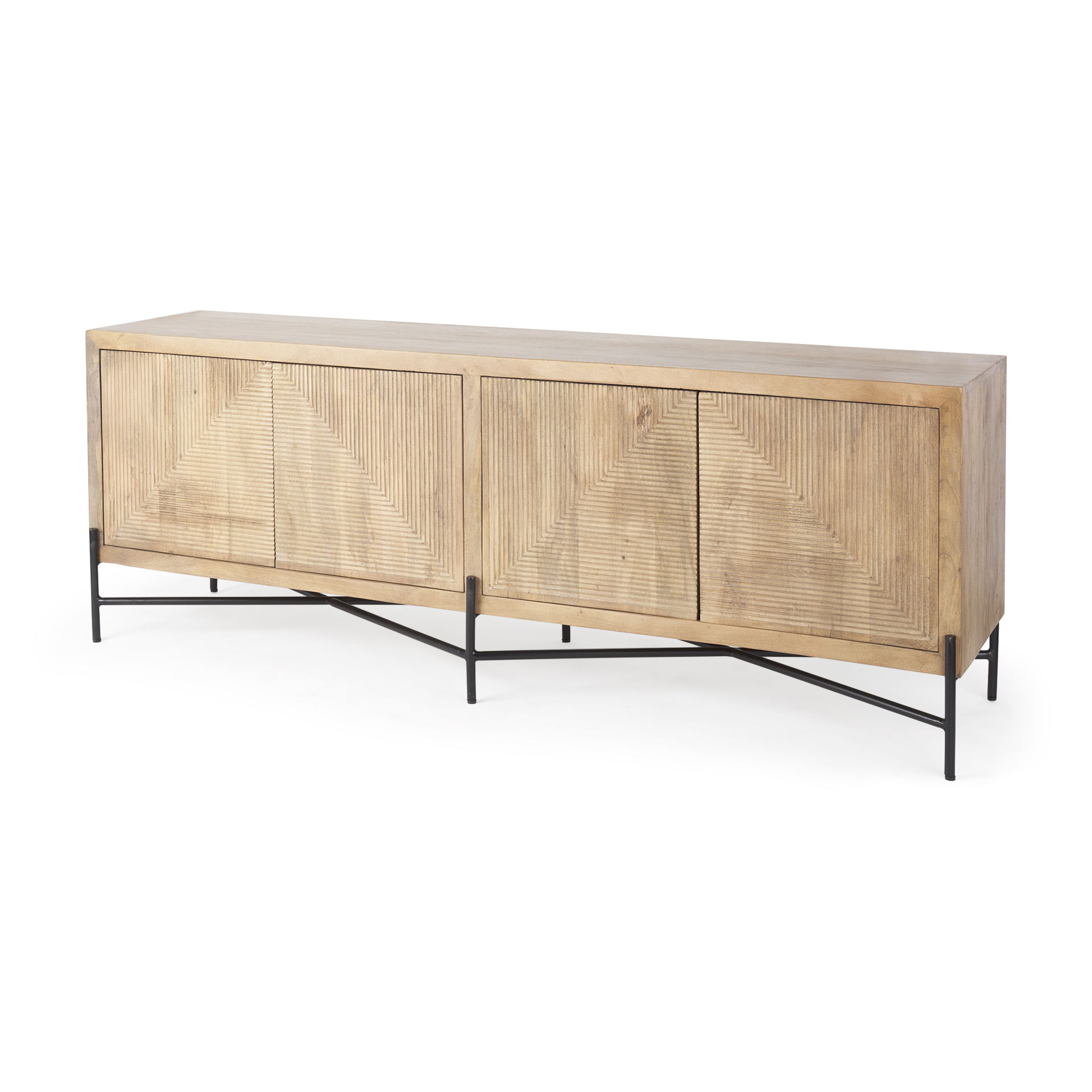 Cairo 78x19 Brown Solid Wood Black Metal Base 4 Door Cabinet Sideboard large image 