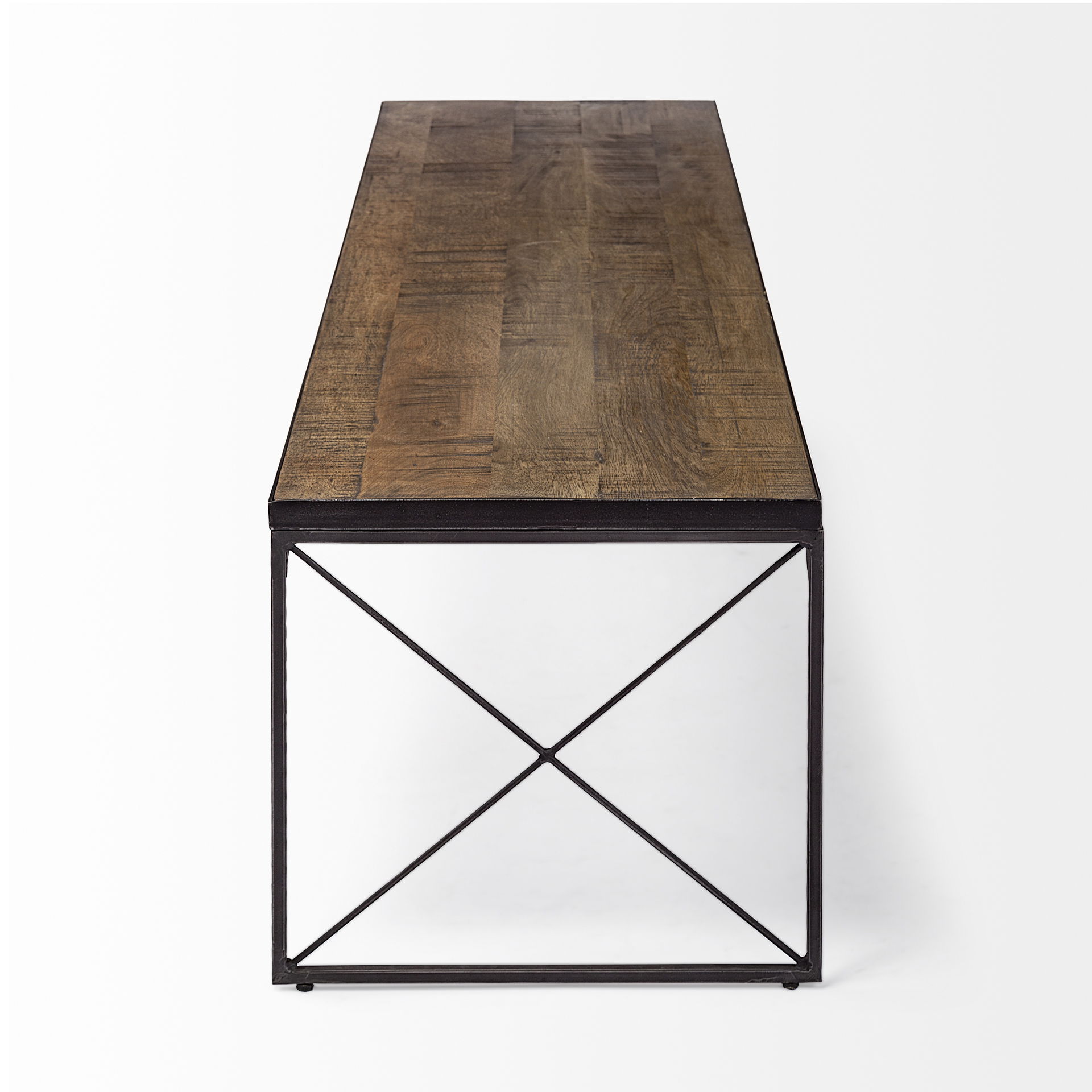 Trestman III 66L x 18W Brown Wood Top with Black Iron Base Accent Bench, Benche by Mercana, 66" length x 17.75" width x 16.75" height View 5