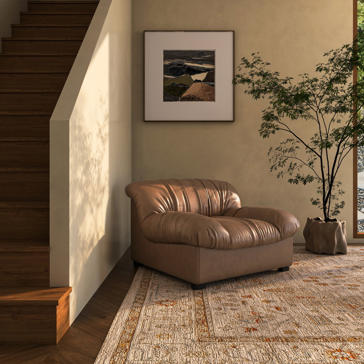 Halston Lounge Chair Tan Leather, Accent Chair by Moe's Home, 43.3" width x 27.5" height x 39.4" depth View 6