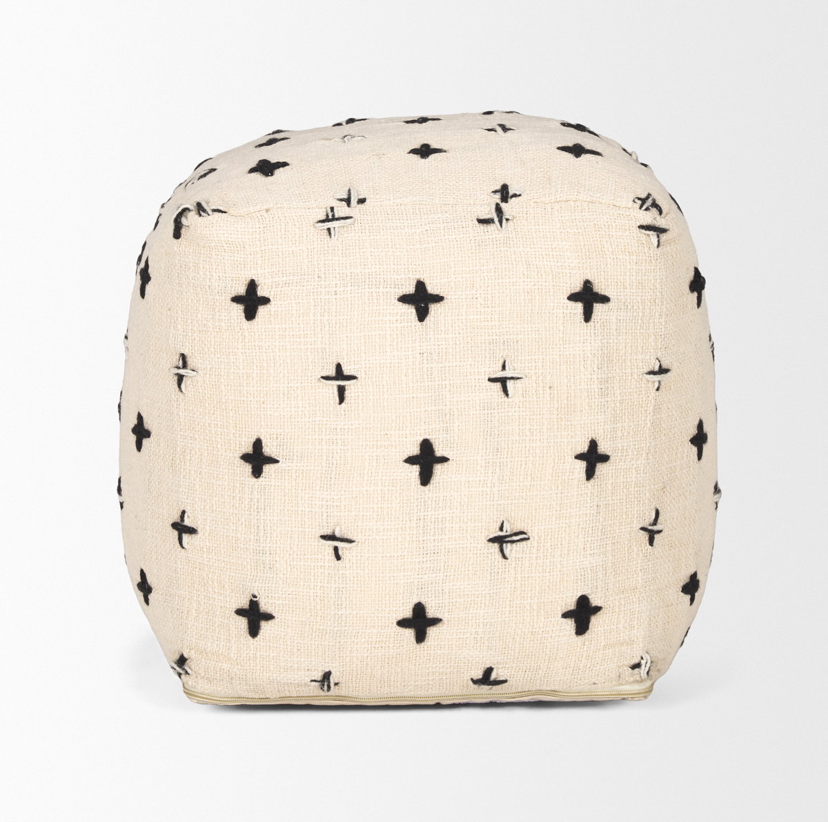 Saanvi Wool with Cream and Black Stitched Cross Patterned Pouf, Ottoman by Mercana, 16" length x 16" width x 16" height View 2
