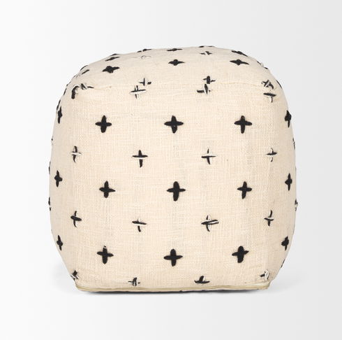 Saanvi Wool with Cream and Black Stitched Cross Patterned Pouf