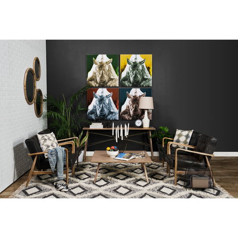 Phineas Black Leather with Brown Wooden Frame Accent Chair