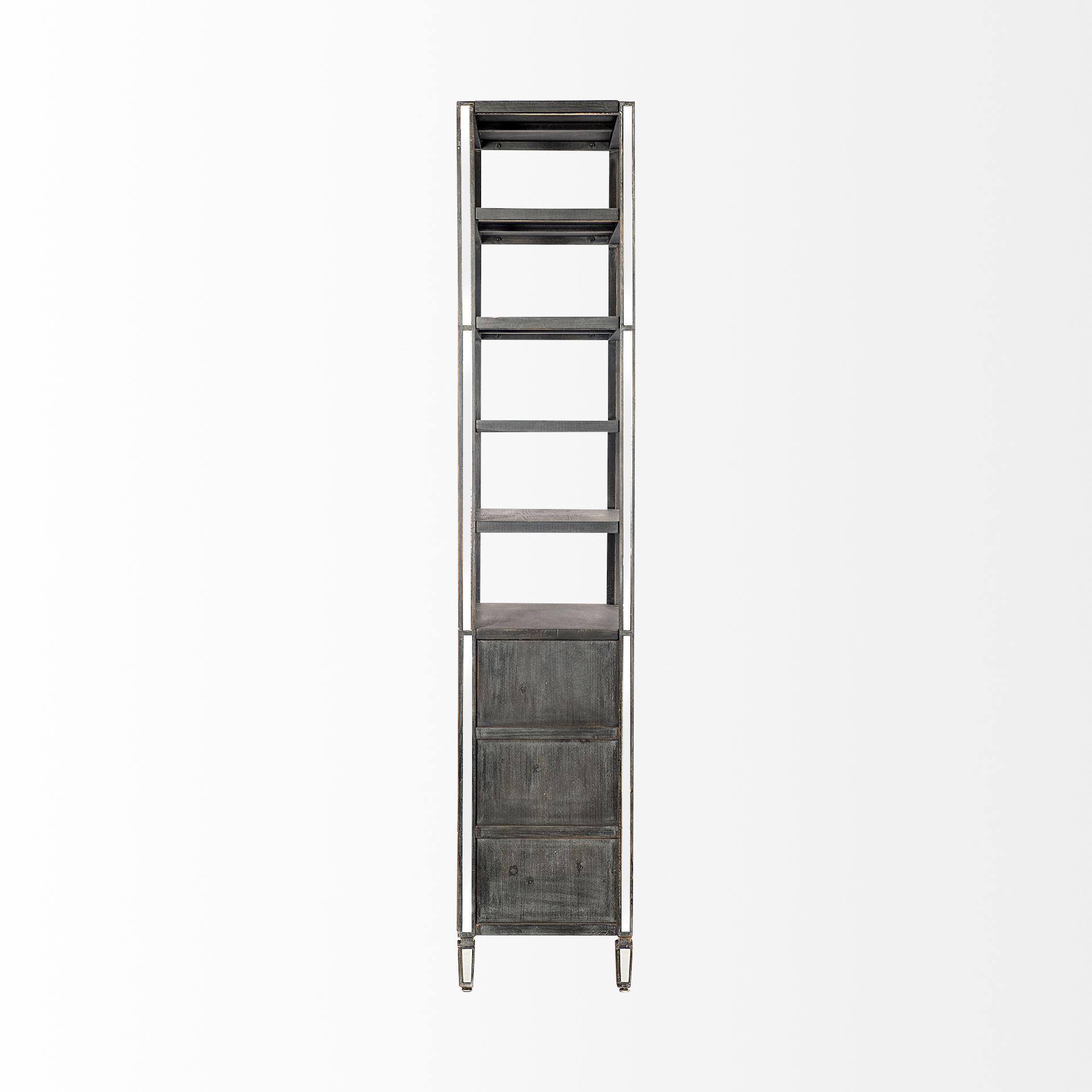 Sunnyvale 32L x 18W x 90H Dark Brown Solid Wood and Mirrored Glass Four Shelf Shelving Unit, Shelving & Bookcase by Mercana, 32" length x 18" width x 90" height View 4
