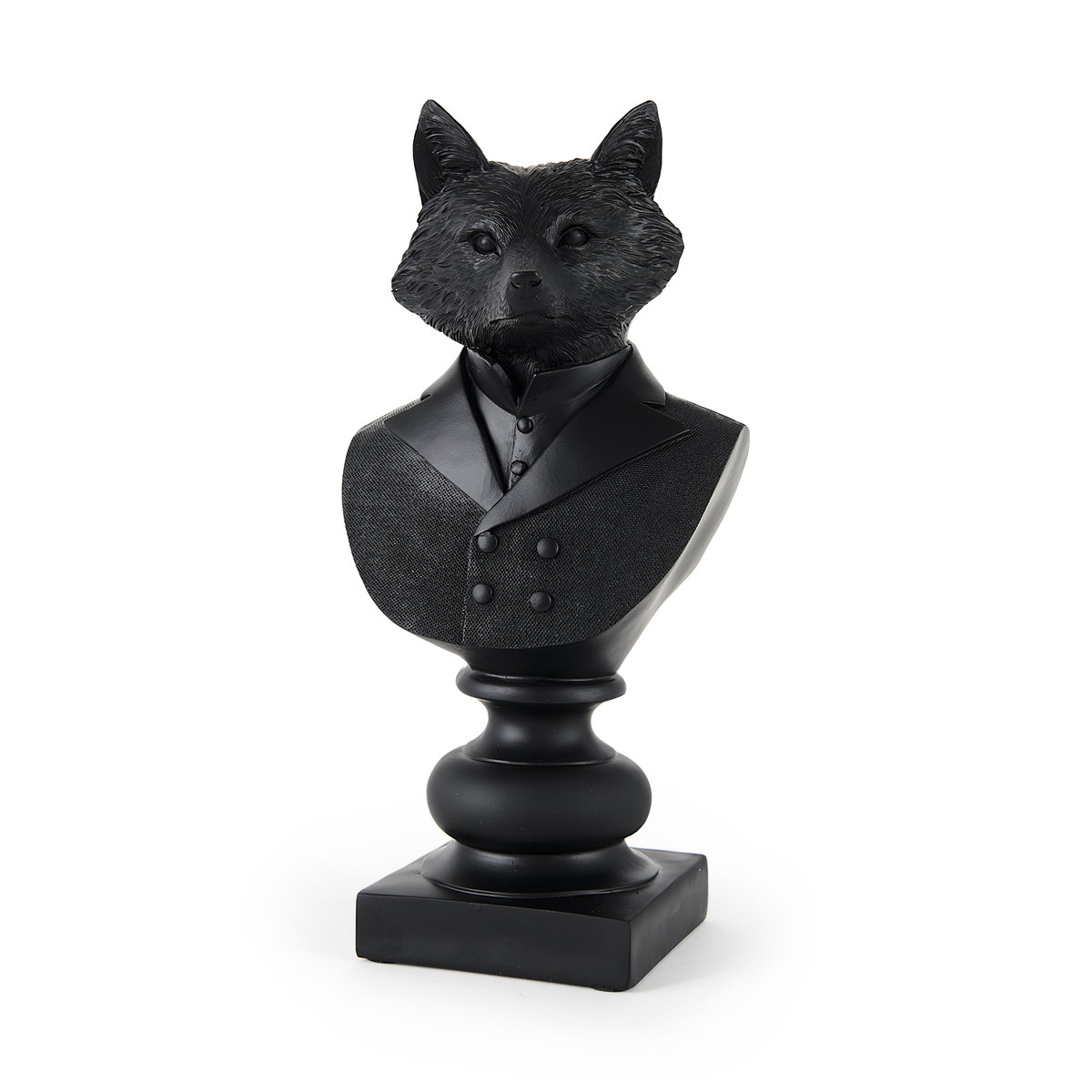 Murray 13H Black Painted Resin Fox in a Suit Bust, Decorative Object by Mercana, 6" length x 4.5" width x 13" height View 1