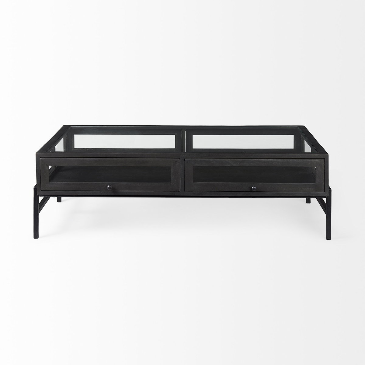 Arelius 49.5'L Rectangular Glass-Top Black-Brown Wood with Black Metal Base Display Coffee Table, by Mercana, 49.5" length x 28" width x 15" height View 2