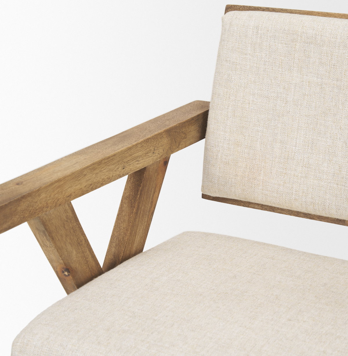 Topanga Open Back Dining Arm Chair | Cream Fabric with Wooden, Dining Chair by Mercana, 23" length x 23.25" width x 31.75" height View 10