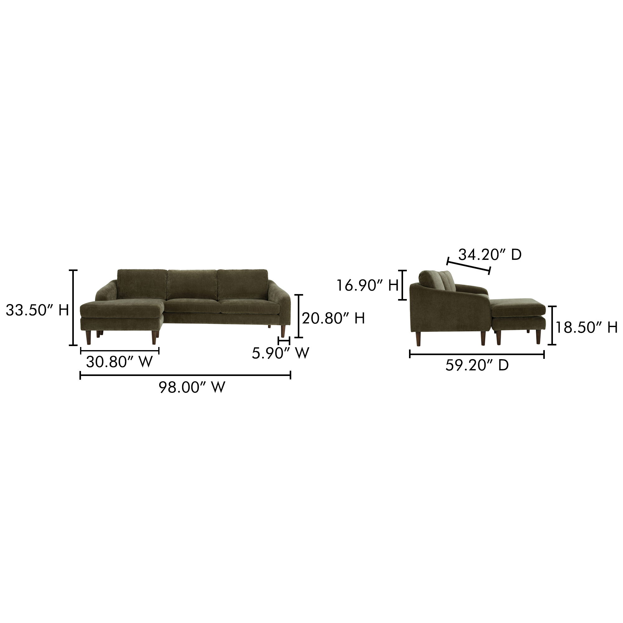 Quinn Sectional Cedar Green, Sectional Sofa by Moe's Home, 98" width x 33.5" height x 59.2" depth View 9