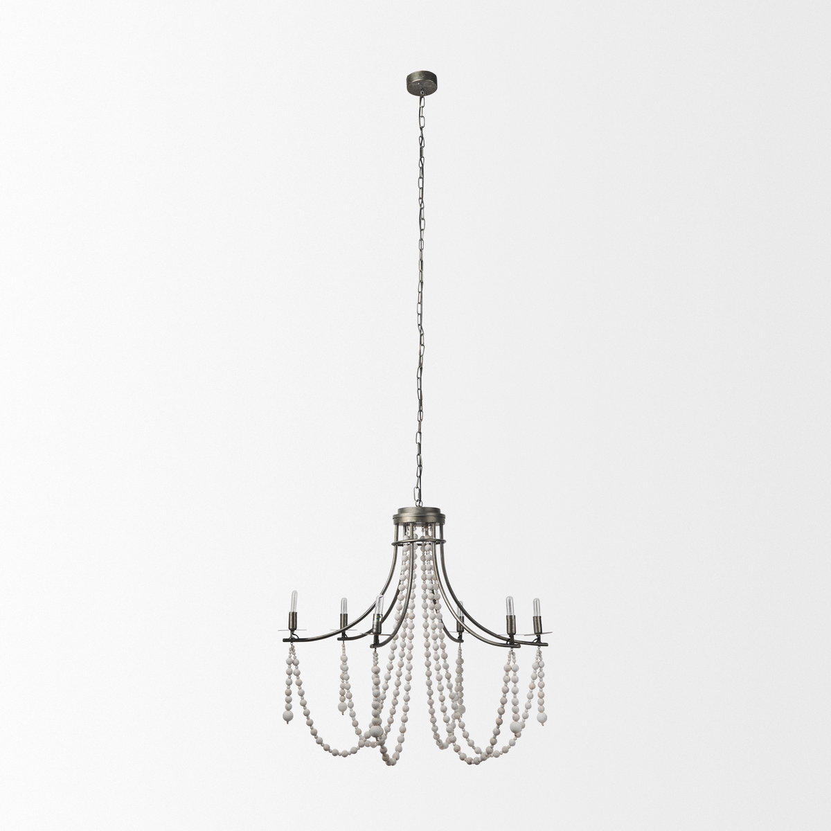 Selma White Wood Bead and Metal Chandelier, by Mercana, 37.8" length x 33.27" width x 96.85" height View 4