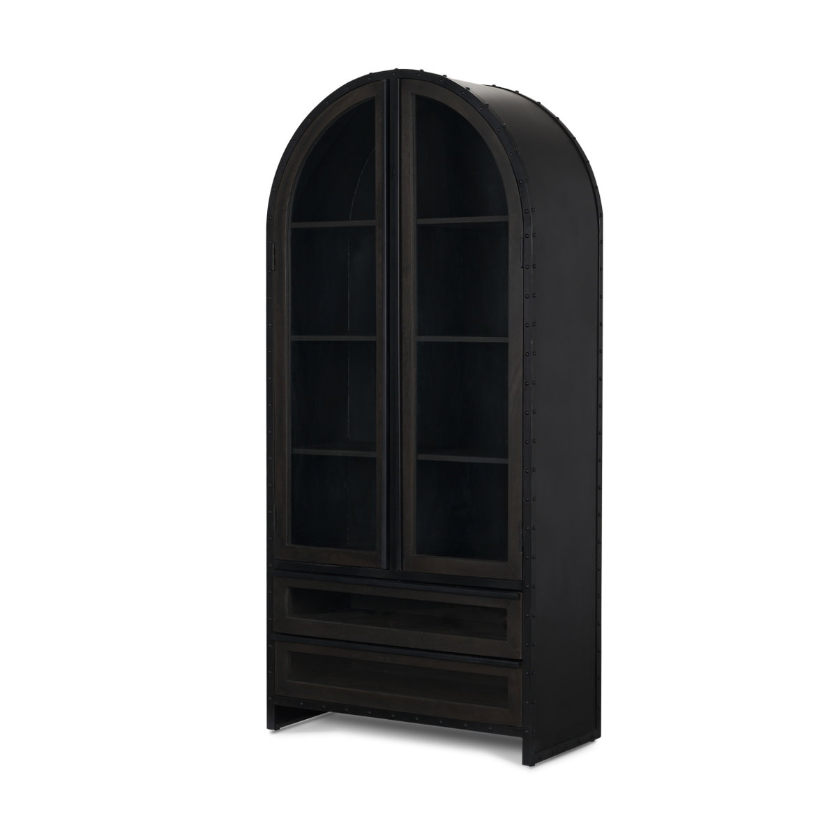 Gehry 72.3' H Dark Brown Metal Brown Wood and Glass Door Display Cabinet, Cabinets & Sideboard by Mercana, 33.25" length x 16.25" width x 72.25" height View 1
