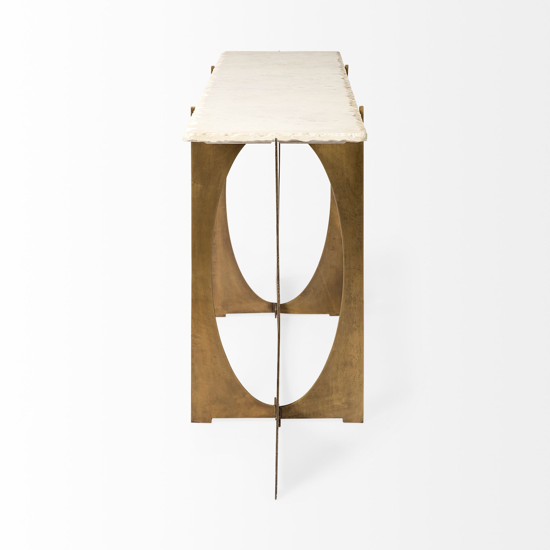 Reinhold IV 59L x 16W White Marble Top Gold Metal Base Console Table, by Mercana, 60" length x 17" width x 31" height View 4