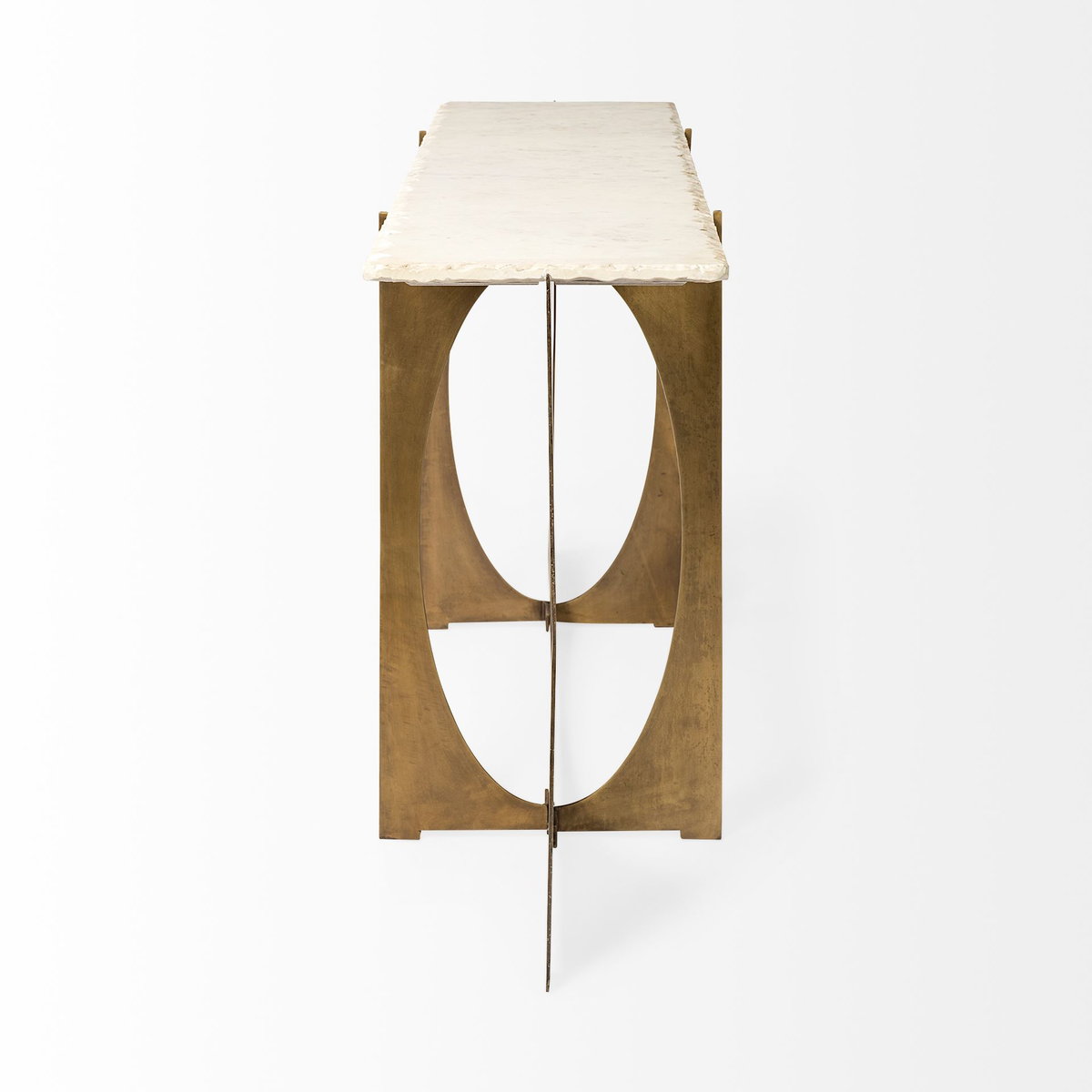 Reinhold IV 59L x 16W White Marble Top Gold Metal Base Console Table, by Mercana, 60" length x 17" width x 31" height View 4