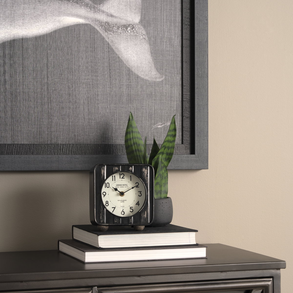 Karl  Rustic Black Iron Rounded Square Table Clock, by Mercana, 6" length x 3" width x 6.75" height View 3