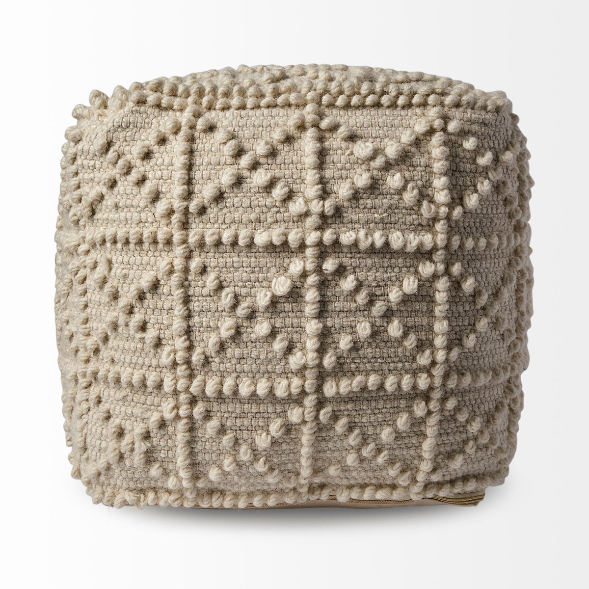 Leroy Square Cream Wool Pouf with Popcorn Detail, Ottoman by Mercana, 17.72" length x 17.72" width x 17.72" height View 4