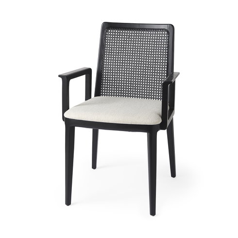 Clara Cane Back Dining Arm Chair | Cream Fabric with Black Wood