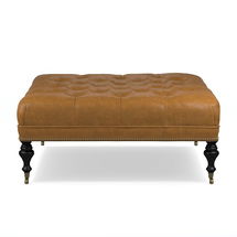 Online Designer Living Room Fairfax Square Ottoman, Turned Leg, Tufted 42", Italian Distressed Leather, Caramel, Antique Brass