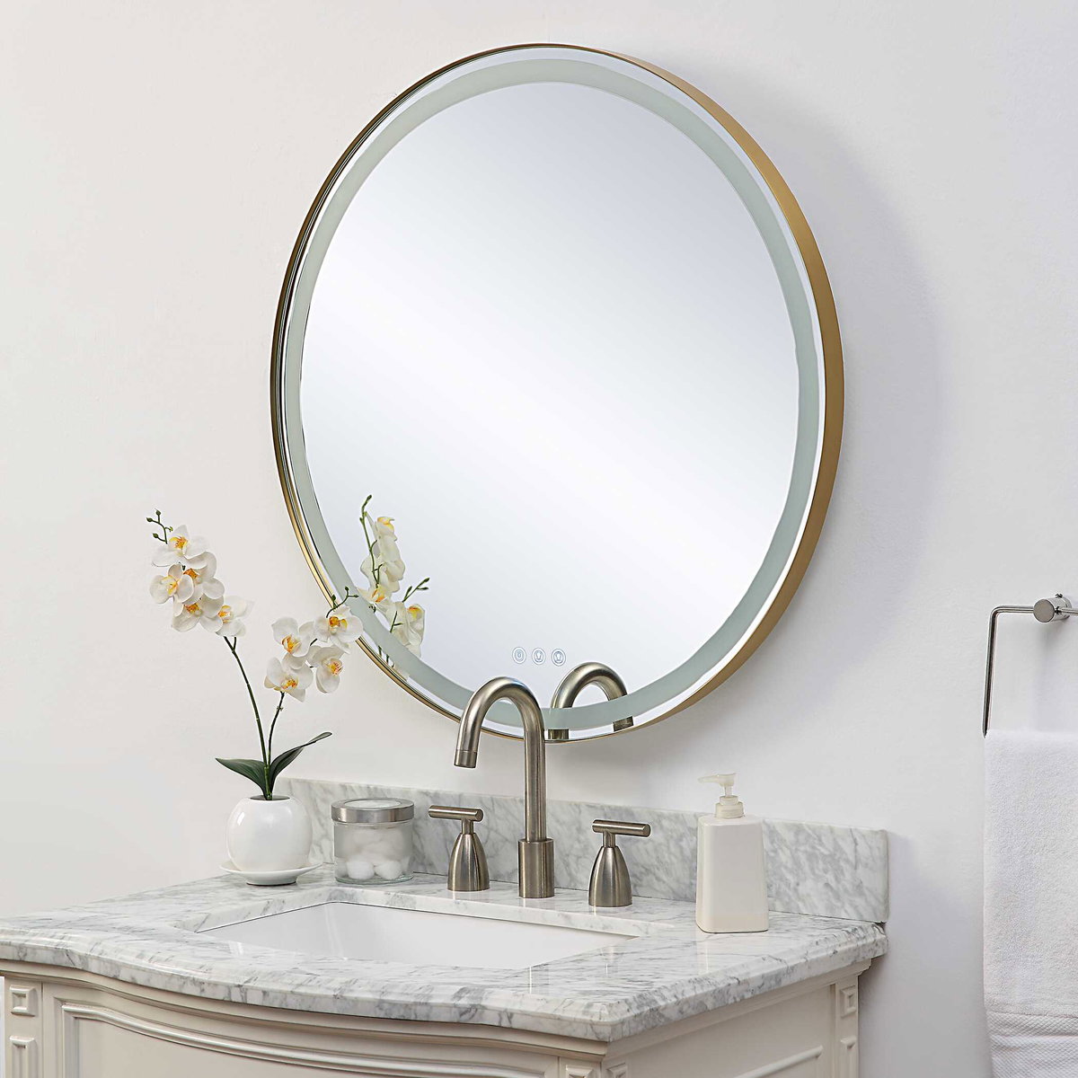Crofton Lighted Brass Round Mirror, by Uttermost, 2'8" width x 2'8" height x 2.12" depth View 5
