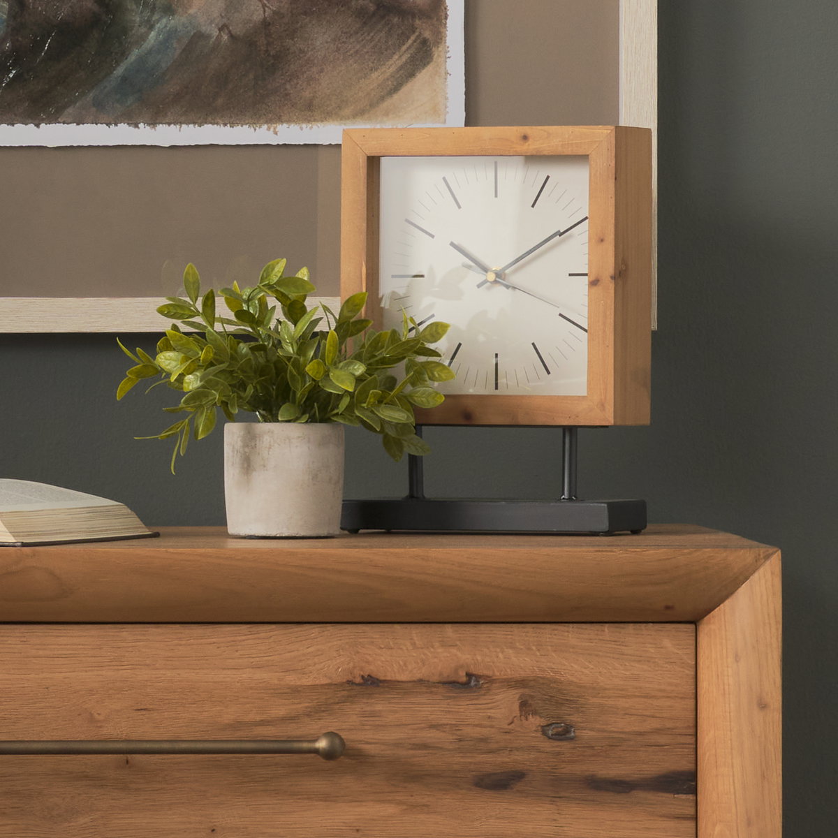 Renaya Light Brown Wood with Matte Black Metal Base Table Clock, by Mercana, 8.07" length x 2.76" width x 11.02" height View 3