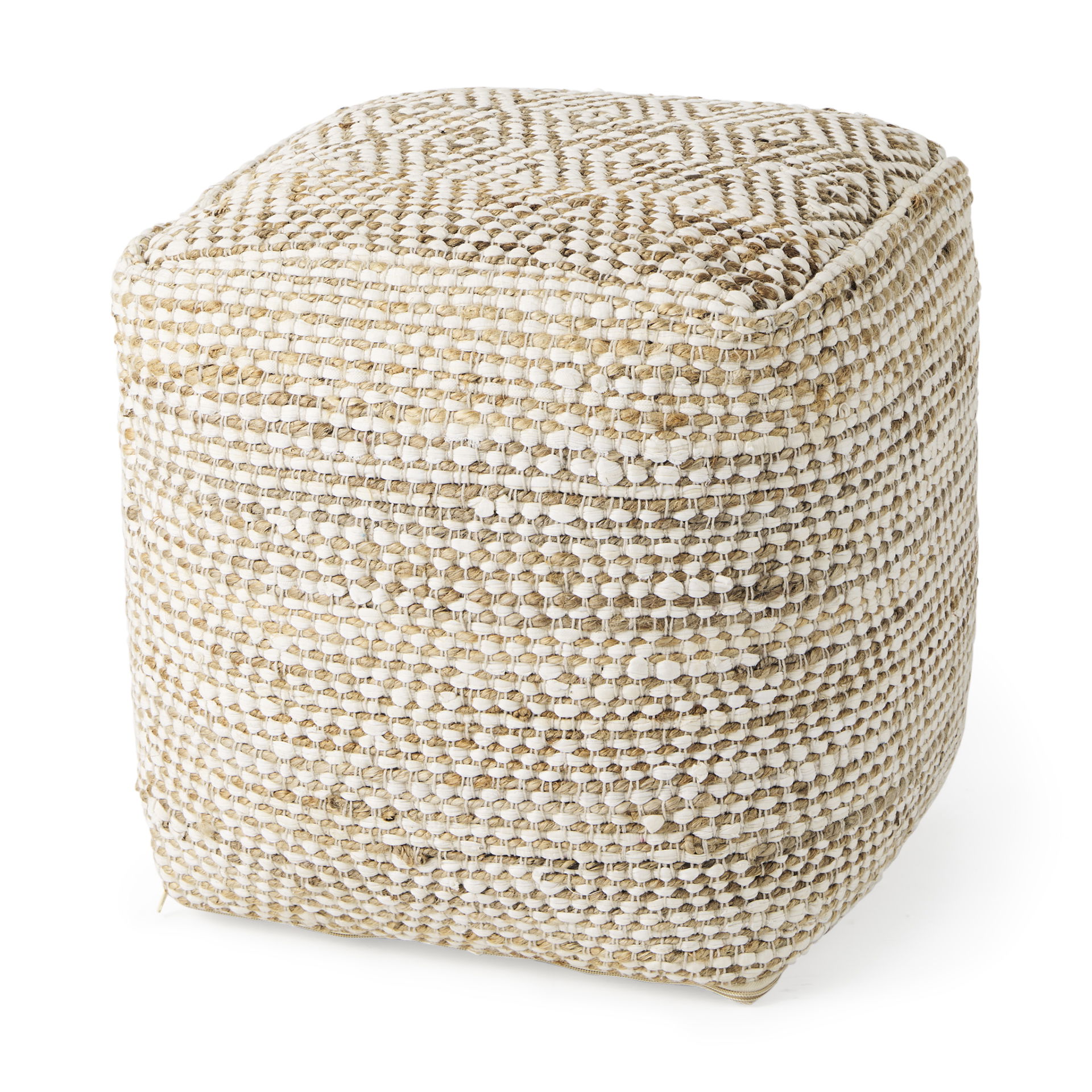 Ekani  Cream/Beige Cotton Pouf, Ottoman by Mercana, 16" length x 16" width x 16" height View 1