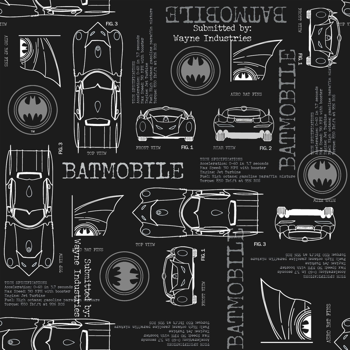 Batmobile Blueprint Grey Peel & Stick Wallpaper, by York Wall, 18'10.8" length x 1'6" width x 0.02" depth