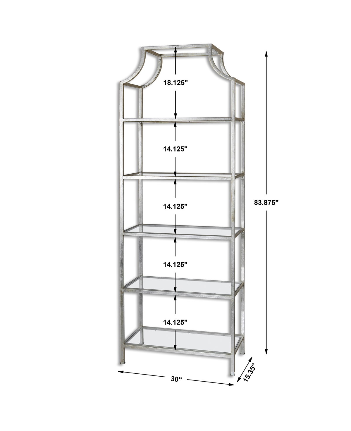 Aurelie Silver Etagere, Shelving & Bookcase by Uttermost, 30" width x 83.87" height x 15.35" depth View 3