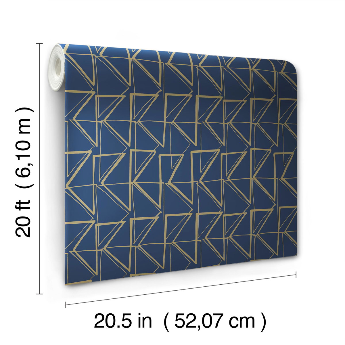 Love Triangles Blue & Gold Metallic Peel & Stick Wallpaper, by York Wall, 20' length x 1'8.5" width x 0.02" depth View 8