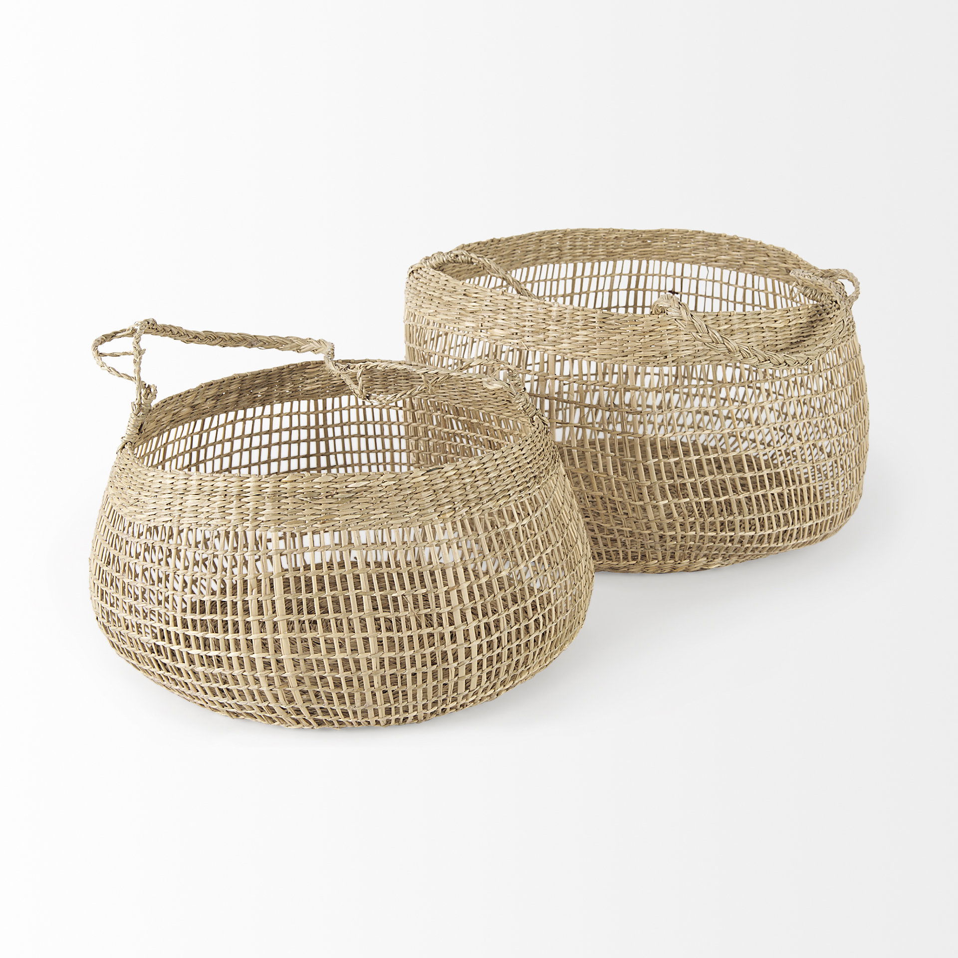 Nova 15.0L x 15.0W x 9.4H (Set of 2) Light Brown Seagrass Woven Round Basket with Long Handle, Bins & Basket by Mercana, 17.72" length x 9.45" width x 23.62" height View 4