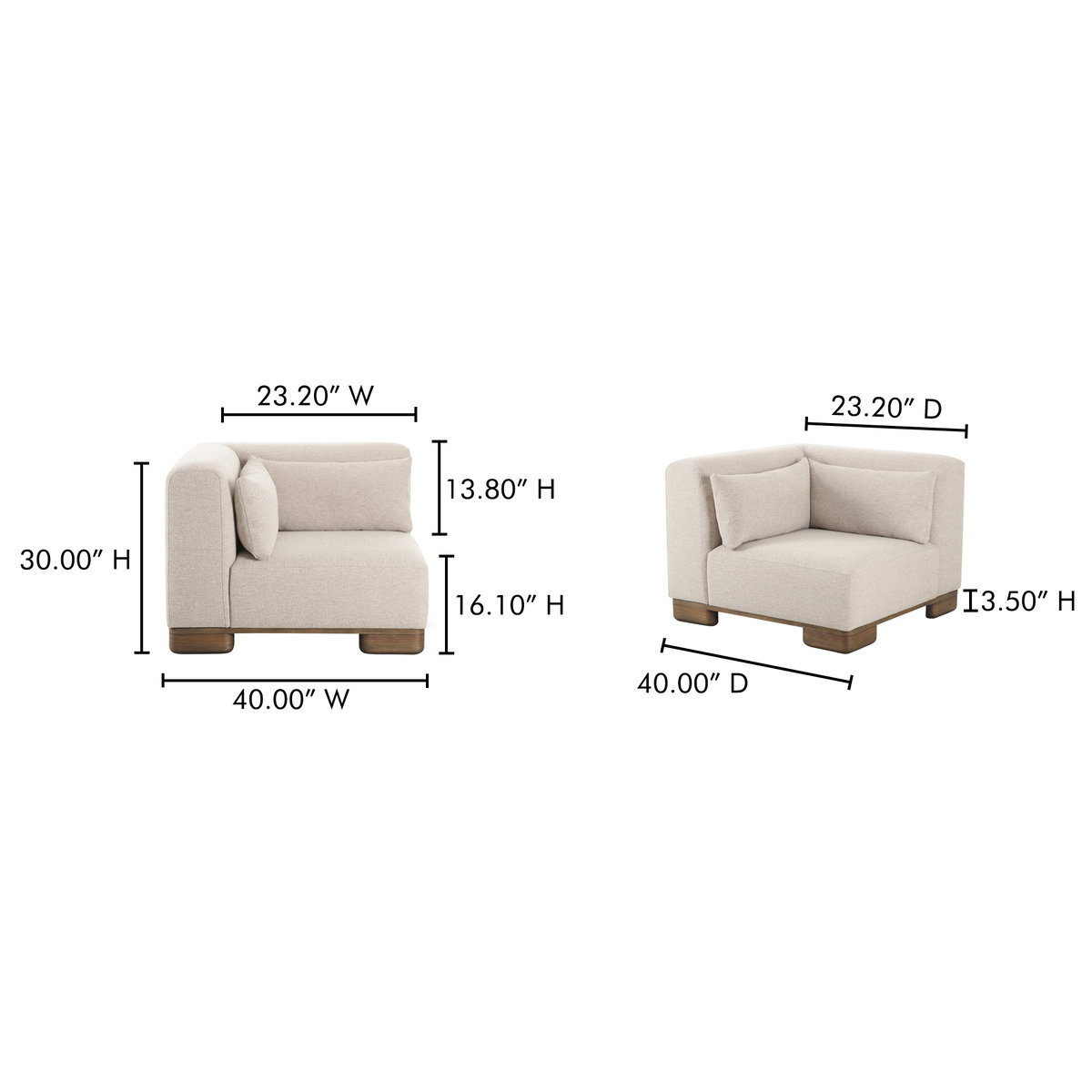 June Corner Chair Oatmeal, Sectional Sofa by Moe's Home, 40" width x 30" height x 40" depth View 12