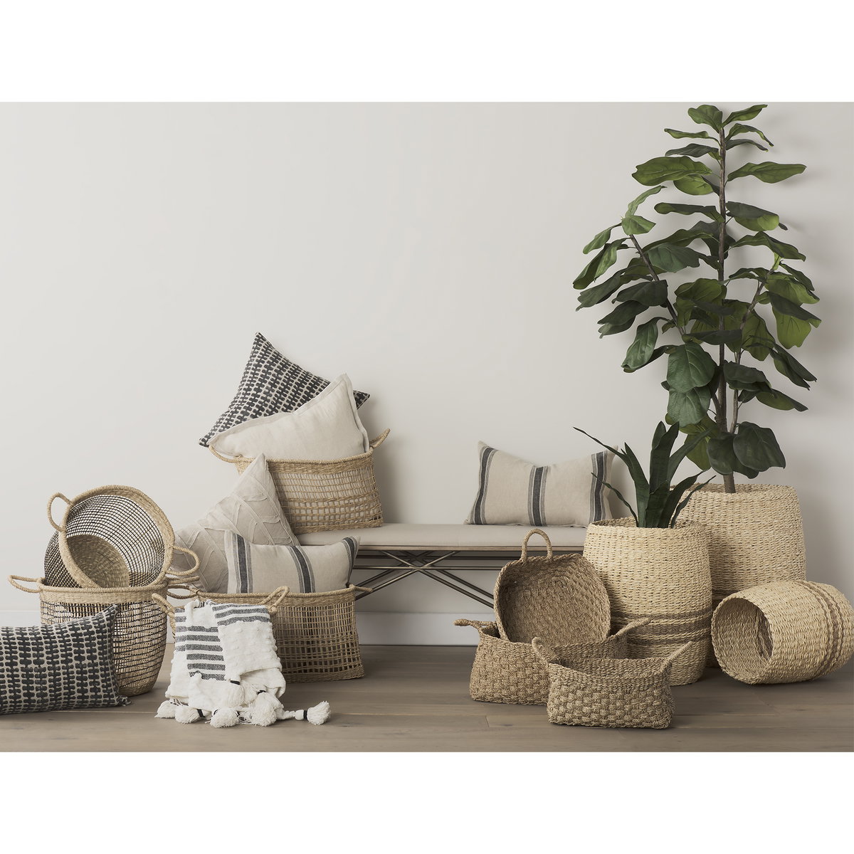 Sivannah  (Set of 3) Light Brown and Medium Brown Striped Seagrass Round Basket, Bins & Basket by Mercana, 19.69" length x 19.69" width x 23.62" height View 2