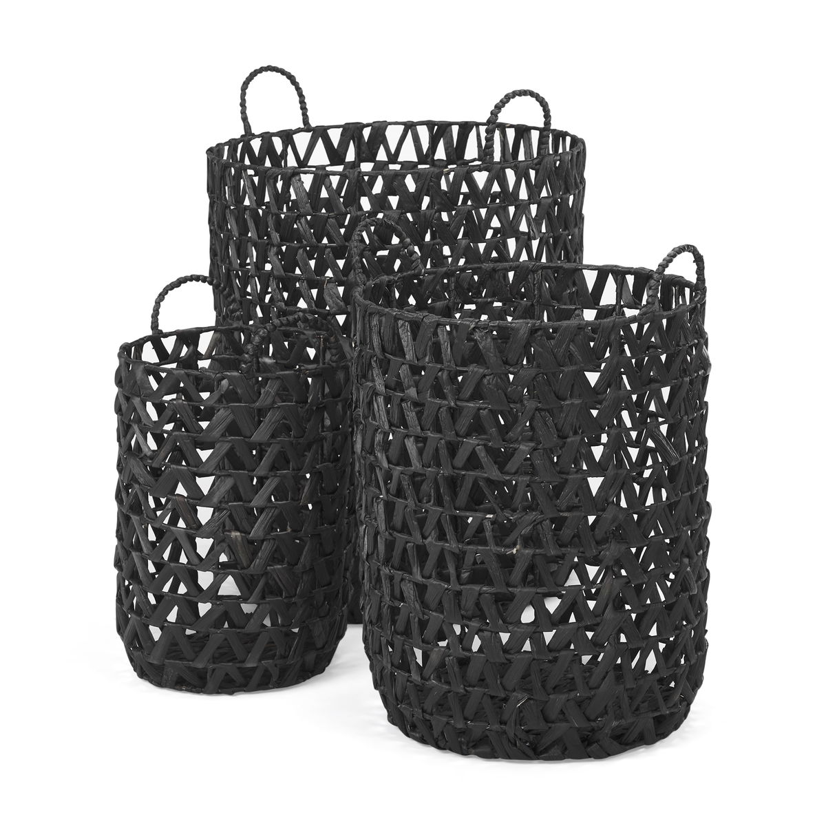 Lola (Set of 3) Black Water Hyacinth Zig Zag Weave Round Basket with Handles, Bins & Basket by Mercana, 19.69" length x 19.69" width x 23.62" height View 1