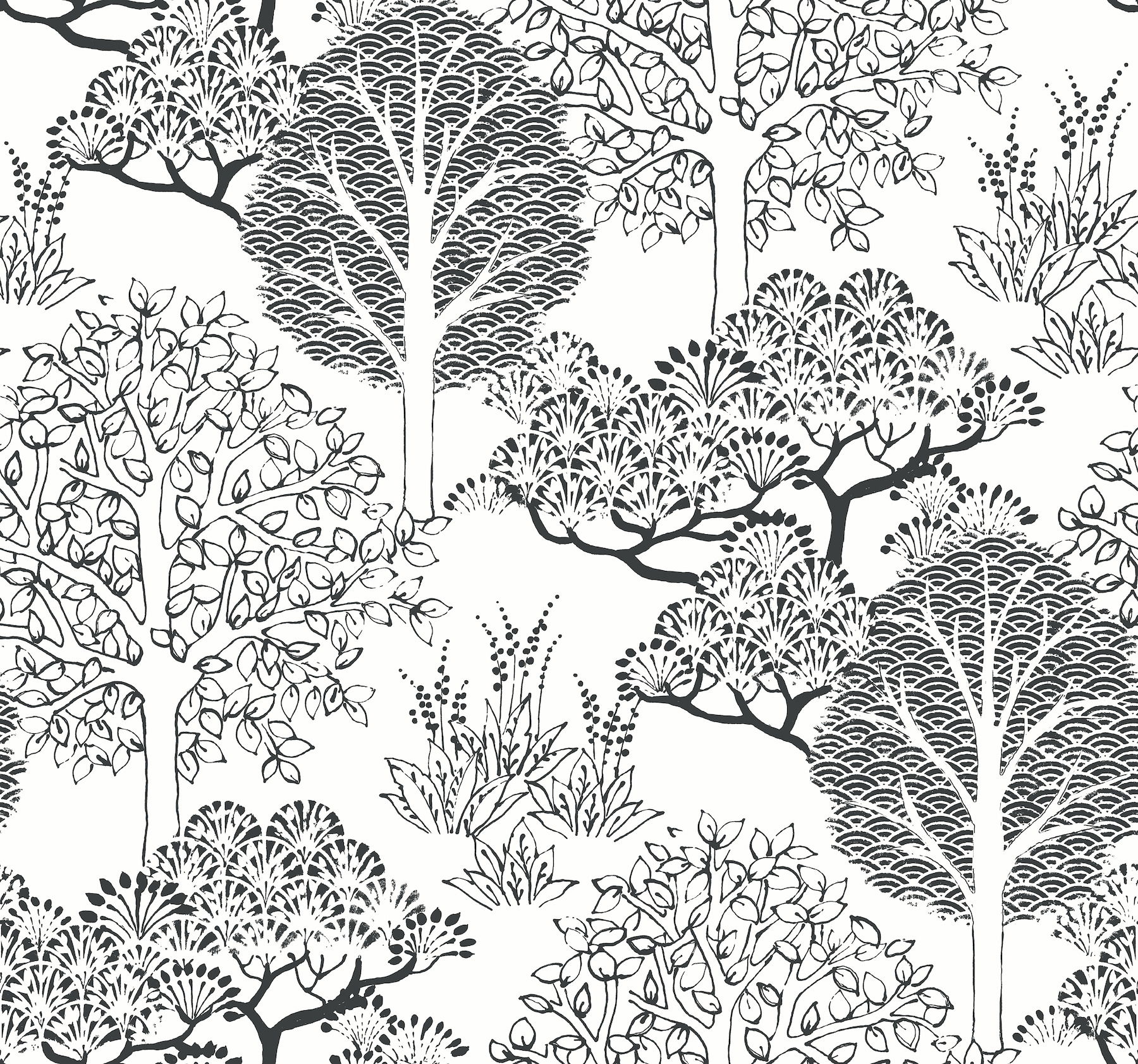Kimono Trees White & Black Wallpaper large image 