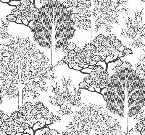 Kimono Trees White & Black Wallpaper