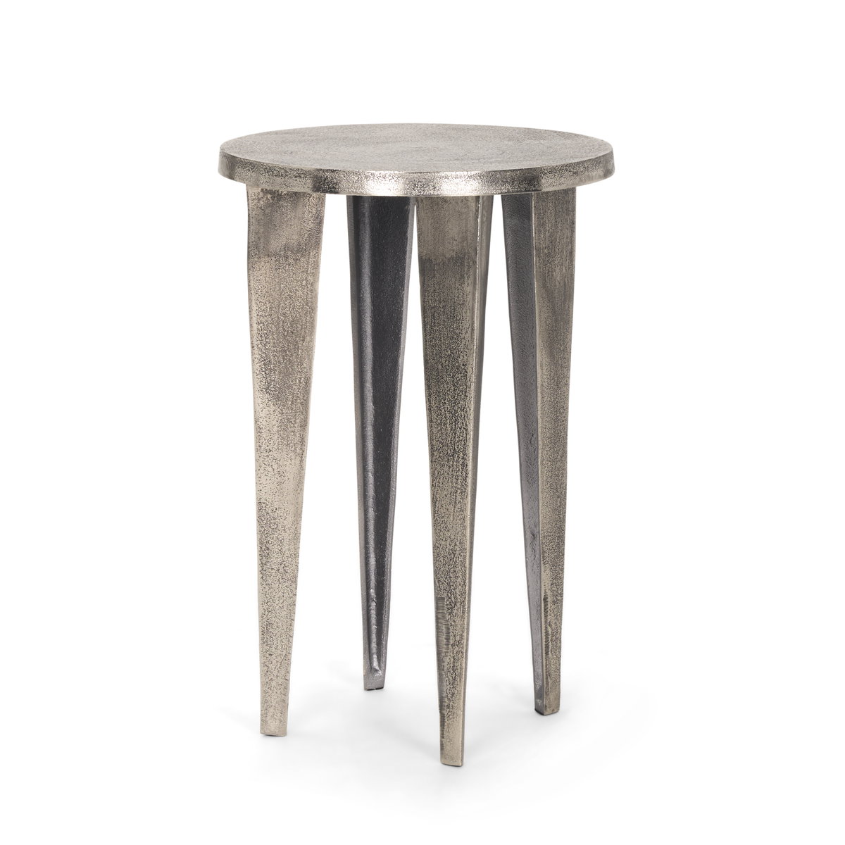 Maggie Textured Silver Nickel Cast Aluminum Metal Accent Table, Side & End Table by Mercana, 13.5" length x 13.5" width x 20.5" height View 1