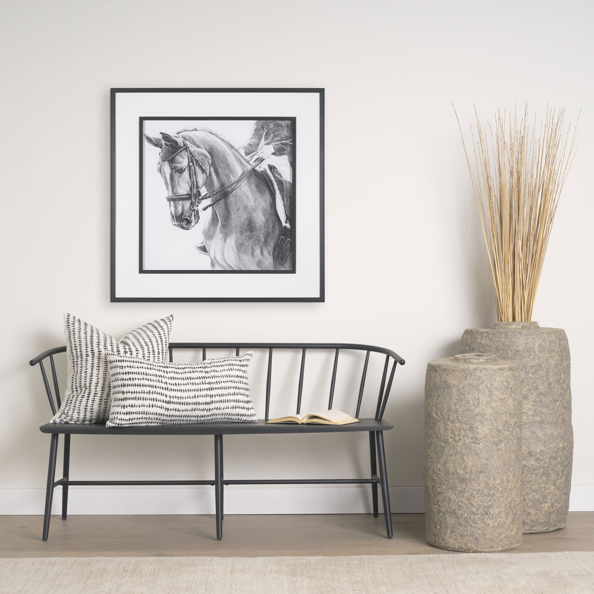 Jenna Cream with Black Print Linen Square Decorative Pillow Cover large image 