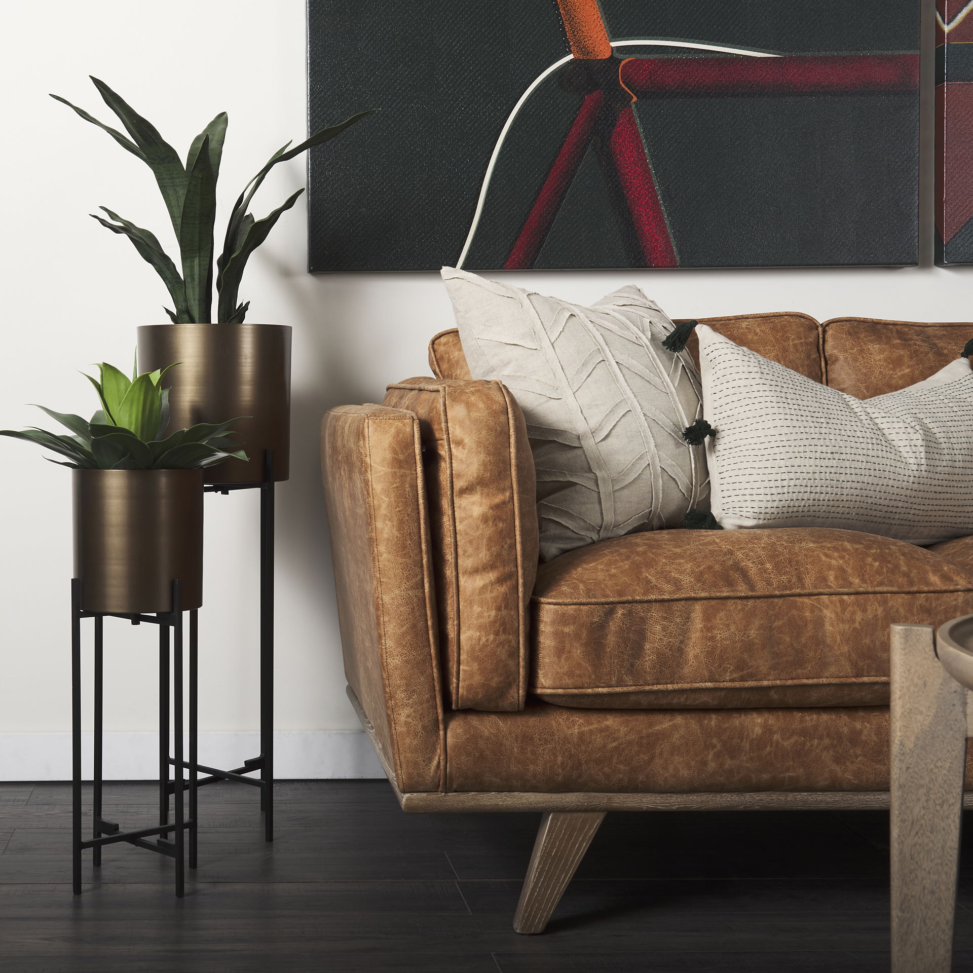 Brooks  Cognac Brown Faux Leather Three Seater Sofa with Medium Brown Wooden Legs, Sofas & Sectional by Mercana, 90.16" length x 34.84" width x 33.46" height View 4