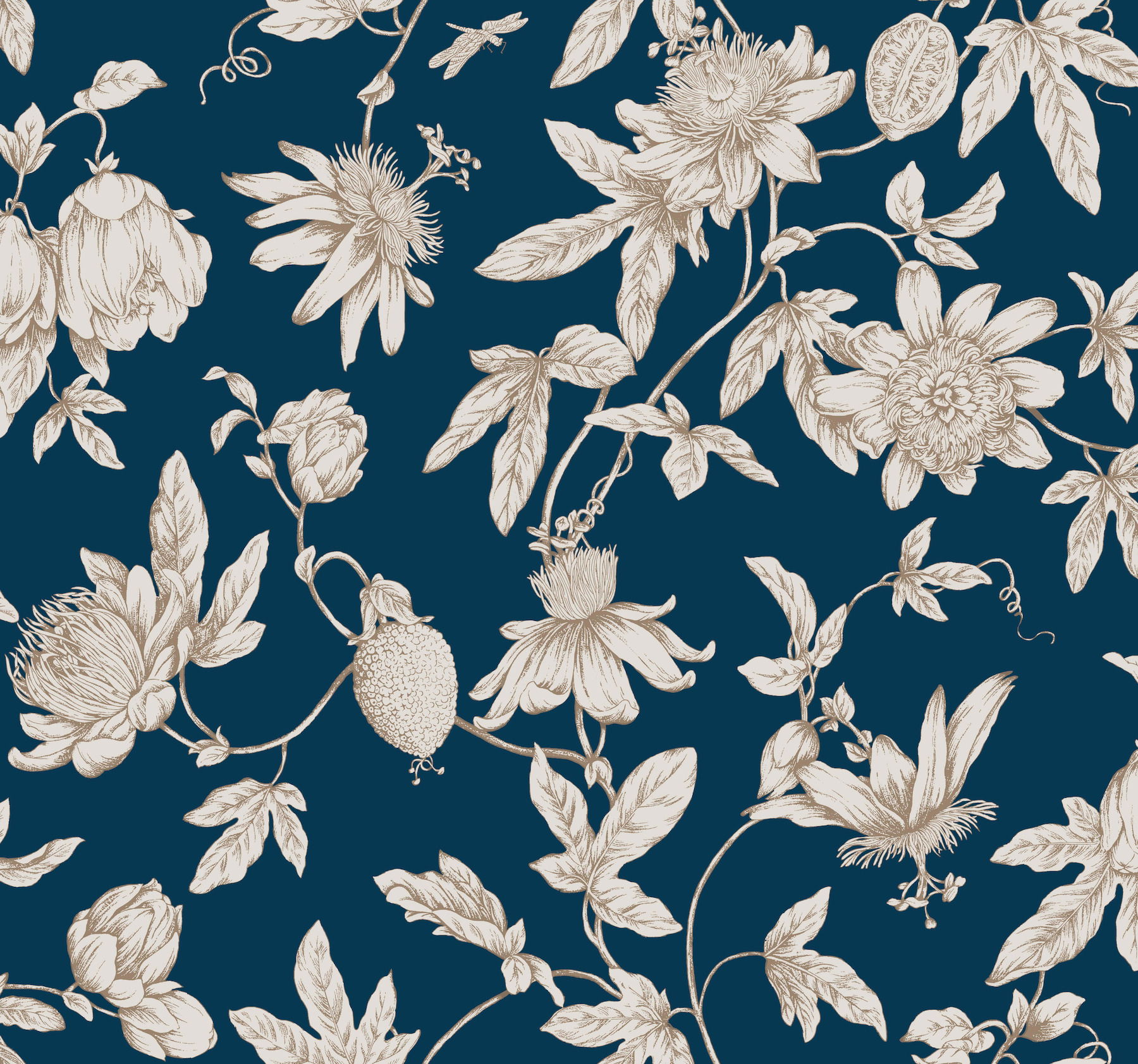 Passion Flower Toile Navy Wallpaper large image 