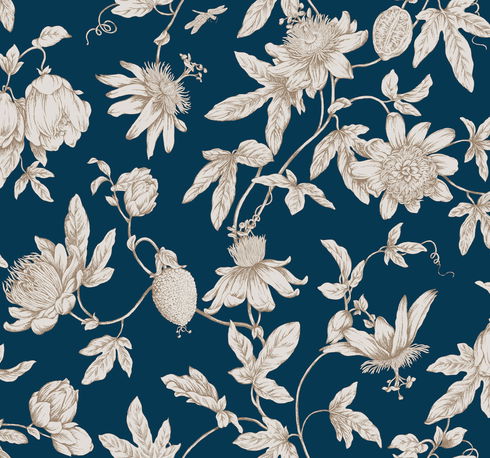 Passion Flower Toile Navy Wallpaper