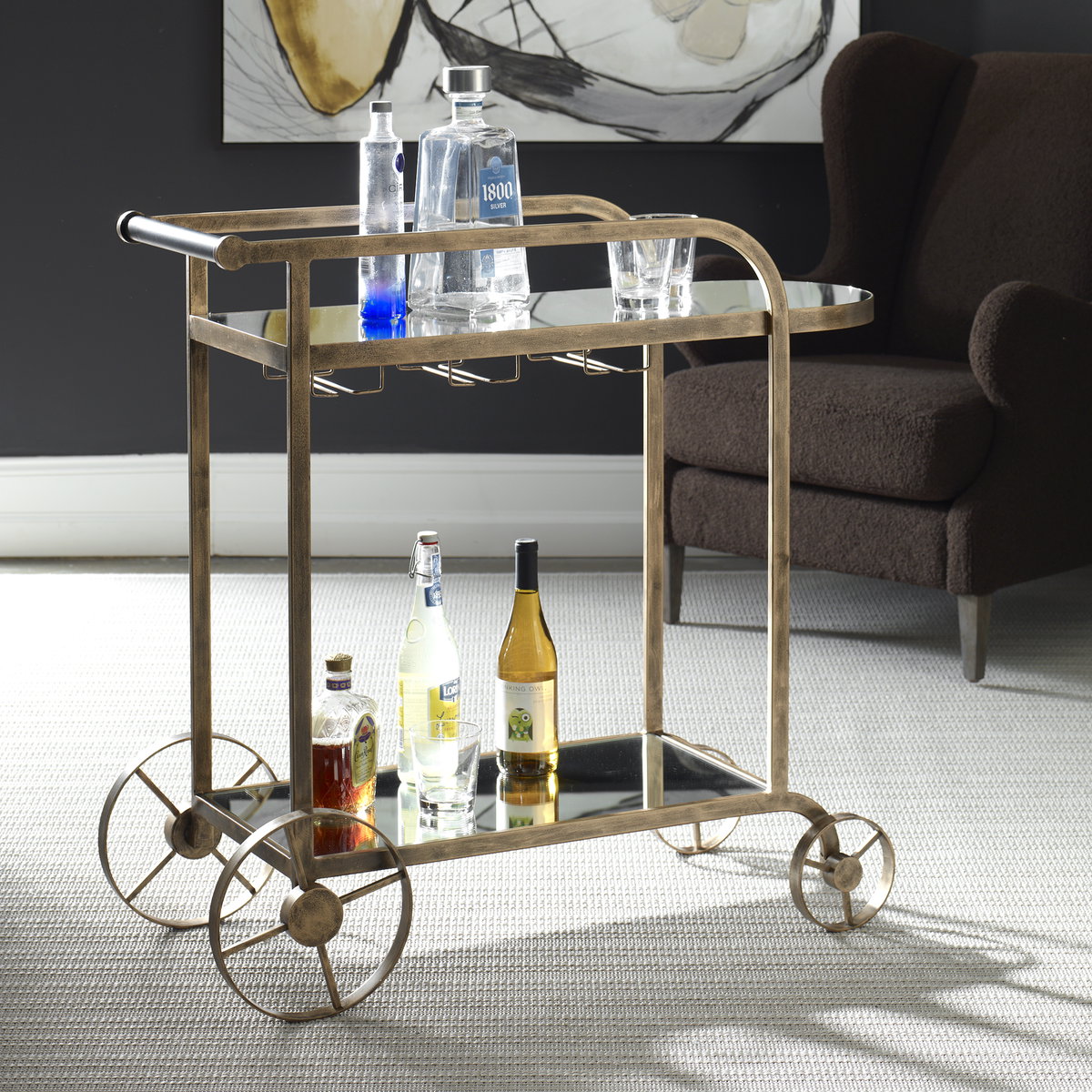 Carrinho Antique Brass Bar Cart, Bar Carts & Cabinet by Uttermost, 38.25" width x 36.25" height x 16.25" depth View 2